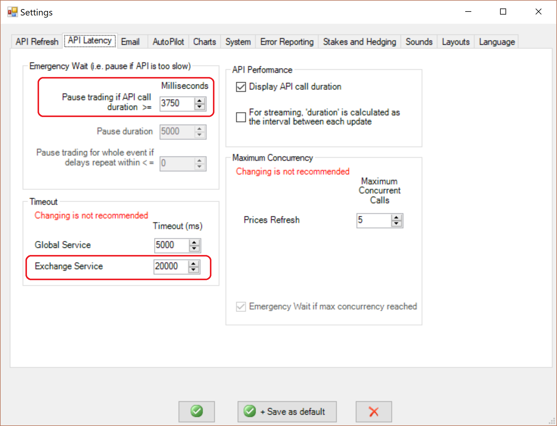 API Latency Tab Settings in Advanced Cymatic Trader Software