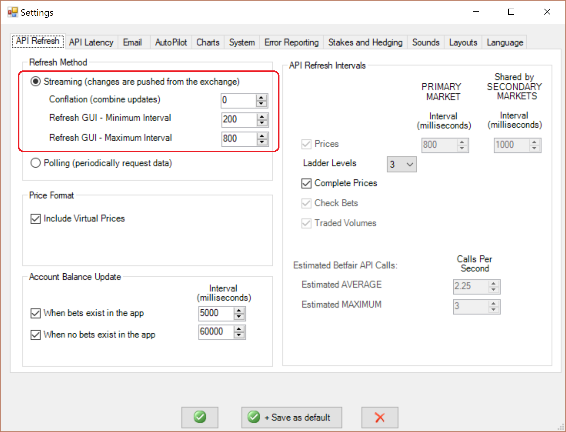 Streaming Settings in Advanced Cymatic Trader Software